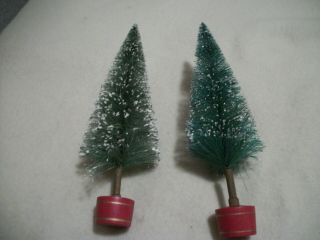 2 Vintage Flocked Bottle Brush Christmas Trees 12 Inch Tall Red Wooden Bases