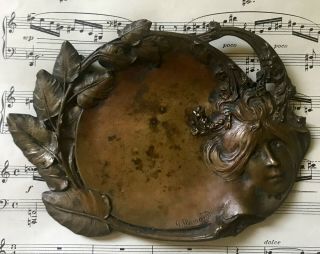 Antique French Art Nouveau Bronze Tray Woman Leaves Signed Georges Flamand C1900