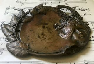 Antique French Art Nouveau Bronze Tray Woman Leaves Signed Georges Flamand c1900 2