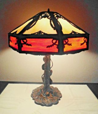 Lamps A Antique Hugh Fancy Tiffany Style 28 " H Duel Bulb Slag - Glass Table Lamp