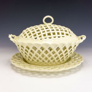 Antique Leeds Pottery - Creamware Lattice Chestnut Basket & Stand - Unusual