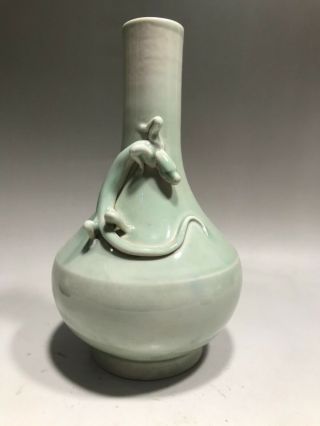 Chinese Porcelain Cyan Ceramic Vase With Carved Dragon