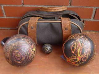 Brunswick Old Antique Bocce Ball Lawn Bowling Set & Case - Speckle & Swirls