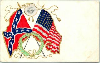 Vintage Civil War Embossed Postcard U.  S.  American / C.  S.  A.  Flag W/ 1908 Cancel