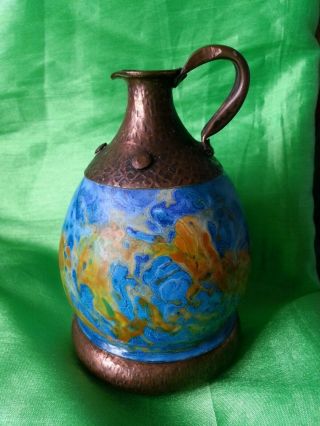 Vintage Small Hammered Copper And Body Seramic Enamel Pitcher,  Rare
