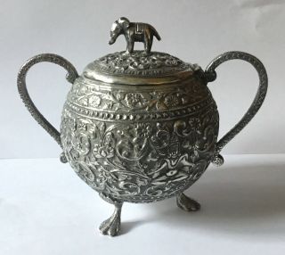 Stunning Antique Indian Silver Lidded Sugar Bowl Kutch Decoration 235 Gms