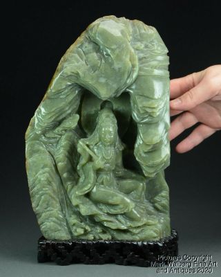 Large Chinese Celadon Jade Mountain Boulder And Guanyin Carving,  20th Century