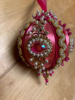 Vintage Handmade Christmas Ornament Pink Satin Beaded Ball Gold Lace Trim Usa