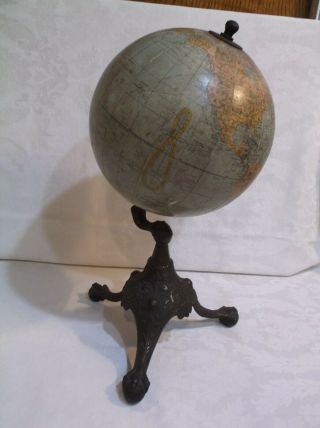 Antique Rand Mcnally 8” Terrestrial Desk Globe,  Cast Iron Ball & Claw Stand