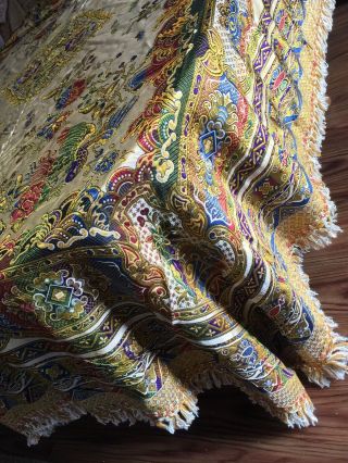 Antique Linen Vtg Bedspread Golden Floral & Bird Baroque Pattern 2 1/2” Fringe