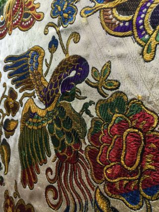 Antique Linen VTG Bedspread Golden Floral & Bird Baroque Pattern 2 1/2” Fringe 2