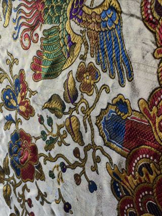 Antique Linen VTG Bedspread Golden Floral & Bird Baroque Pattern 2 1/2” Fringe 3