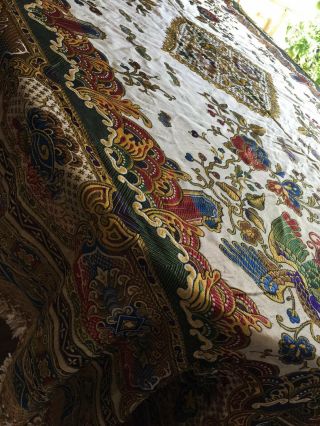 Antique Linen VTG Bedspread Golden Floral & Bird Baroque Pattern 2 1/2” Fringe 4