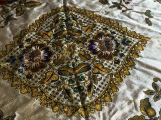 Antique Linen VTG Bedspread Golden Floral & Bird Baroque Pattern 2 1/2” Fringe 5