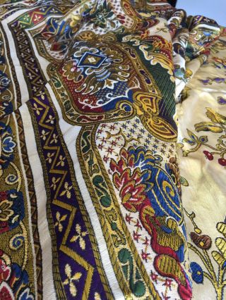 Antique Linen VTG Bedspread Golden Floral & Bird Baroque Pattern 2 1/2” Fringe 6