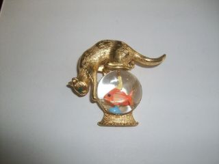Vintage Signed Gold Crown Fish Bowl Cat Brooch,  Jelly Belly Style