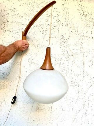 Vintage 60’s Mid Century Danish Teak Modern Hanging Glass Wall Sconce Lamp Light