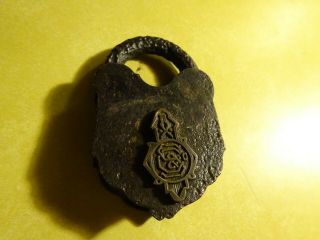Rare Vintage Old Antique Padlock Lock,  Unknown Maker,  Relic,  Brass Inlay.  Key