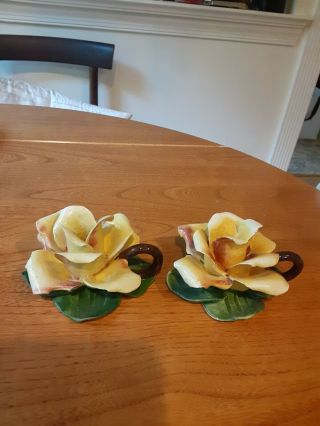 Set Of 2 Vintage Capodimonte Italian Porcelain Flower Candle Holder Floral