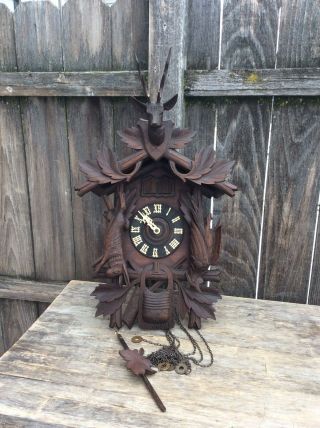 Large Antique German Black Forest Cuckoo & Quail Bird Cuckoo Clock,  Hubert Herr