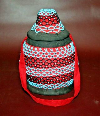 Vintage Rare Hand Woven African Red & Blue Lidded Basket W/ Intricate Bead Work