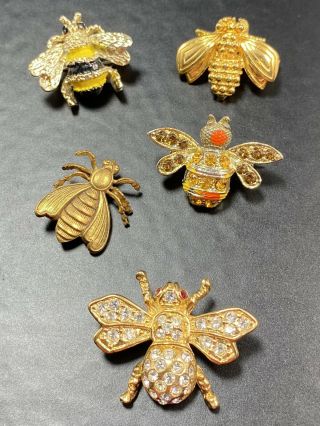 Vintage Bumble Bee Brooch Pins 5pc Rhinestones Enameled Gerrys Roman Lot5
