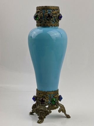 Antique French Blue Opaline Glass Vase With Jewelled Brass Mounts - 19th Century