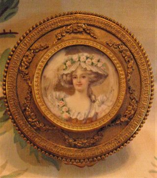 Antique French Ormolu " Barbola Rose " Hand Painted Portrait Trinket Box,  Casket
