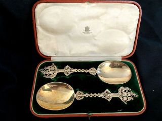 Antique English Pair Large Gilded Sterling Silver Spoons Box