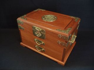 Chinese Vintage Hand Crafted Rosewood Jewellery Chest Applied Brass Decoration