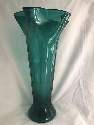 Vintage Rossini (?) Empoli Glass Vase Emerald Green Ruffle Top Mid Century