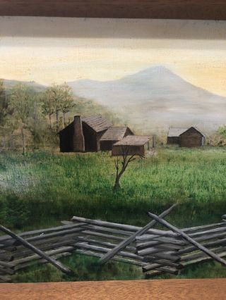 Signed Vintage Oil Painting On Canvas Panel Log Cabin In The Mountains 1975