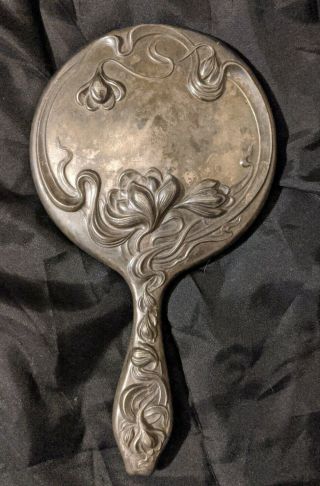 Vintage Round Hand Held Vanity Silver Plate Mirror Heavy Ornate Floral