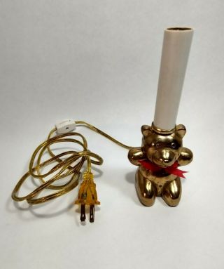 Vintage Brass Adorable Teddy Bear Night Light Lamp Red Ribbon Bow