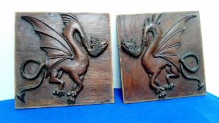 Arts And Crafts Carved Oak Panels Welsh Dragon Emblem Coat Of Arms