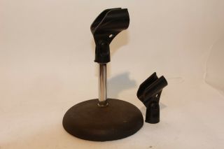 Vtg Table Top Microphone Stand W Cast Iron Base 2 Shure Mic Clips Large & Med.
