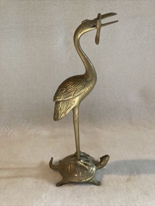 Vintage Brass Crane Or Stork Bird Standing On Turtle Two Piece Set 9.  5 " Solid