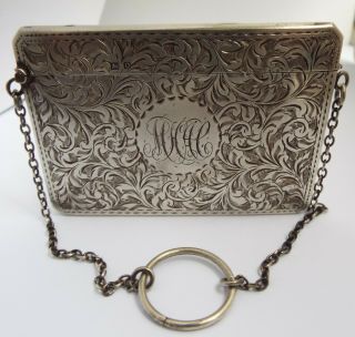 Stunning Decorative English Antique 1913 Solid Silver Chatelaine Card Case
