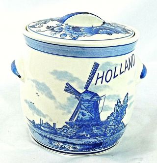 Delft Blue Vintage Hand Painted Sugar Bowl & Lid Windmill & Holland Spell Out