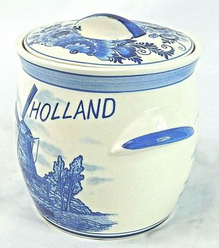 Delft Blue Vintage Hand Painted Sugar Bowl & Lid Windmill & Holland Spell Out 2
