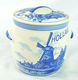 Delft Blue Vintage Hand Painted Sugar Bowl & Lid Windmill & Holland Spell Out 3