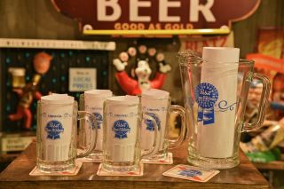 Vintage Pabst Blue Ribbon Beer Glass Mug And Pitcher Set