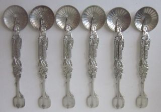 Set Of 6 Sterling Tea Caddy Spoons Figural Geisha Girl With Parasol And Shamisen