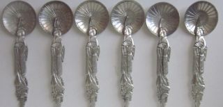 set of 6 sterling Tea Caddy Spoons figural Geisha Girl with Parasol and Shamisen 2