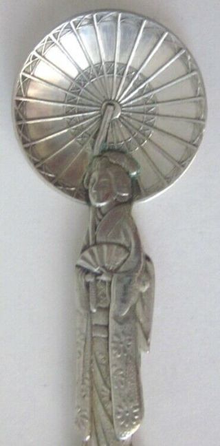 set of 6 sterling Tea Caddy Spoons figural Geisha Girl with Parasol and Shamisen 4