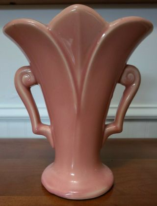 Vintage Vase Pink Glazed Ceramic Usa Mid Century Art Deco Fluted 7 " Tall