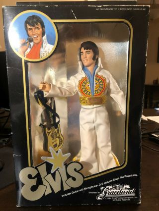 Vintage Elvis Presley 12” Doll W/ Guitar 1984 Eugene Co.  Aztec Sunburst Jumpsuit