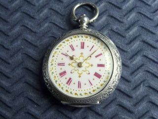 1880s Stunning Silver Ladies Fancy Painted Dial Fob Pocket Watch.  Antique