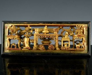 Fine Antique Chinese Gold Lacquered Precious Objects Wall Panel Qing Dynasty 1