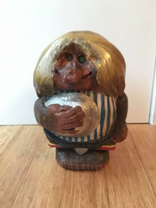 Signed Anton Sveen Carved Wood Troll Sculpture Norway Polychrome Painted 1960s